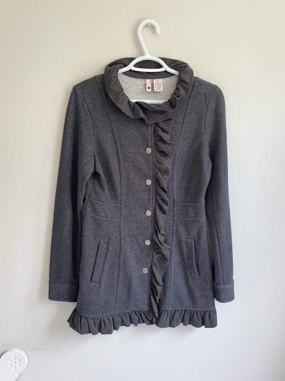 STELLA STARR GREY GRAY FITTED JACKET BUTTONS RUFFLE FLEECE LINED POCKETS